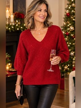 Ricki's Red Metallic Sparkle V-Neck Holiday Christmas Sweater Small